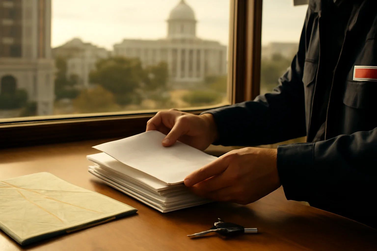 Courier sorting apostille documents on a desk with Alabama government buildings visible outside