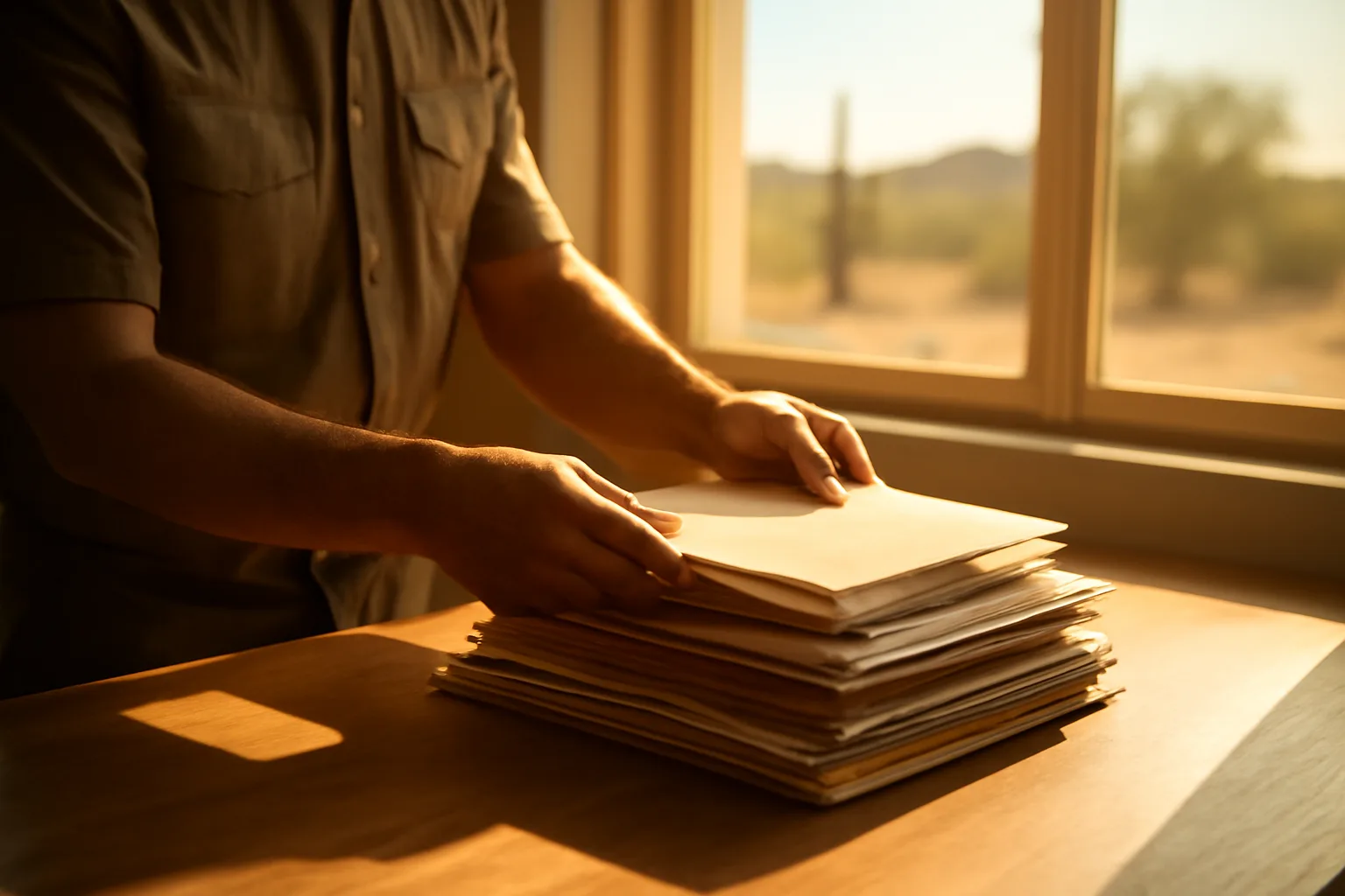 Courier sorting official folders on a desk with bright desert sunlight through window