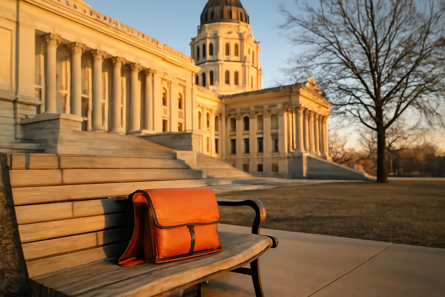 Leather bag on a Topeka capitol bench at dusk for apostille runner work