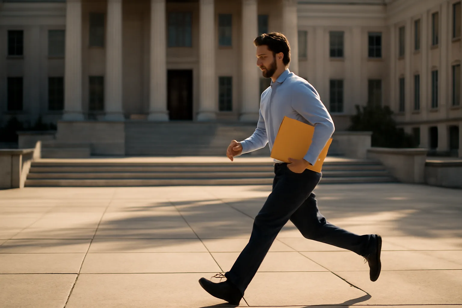 Courier carrying documents outside an Alabama government building on a sunny morning