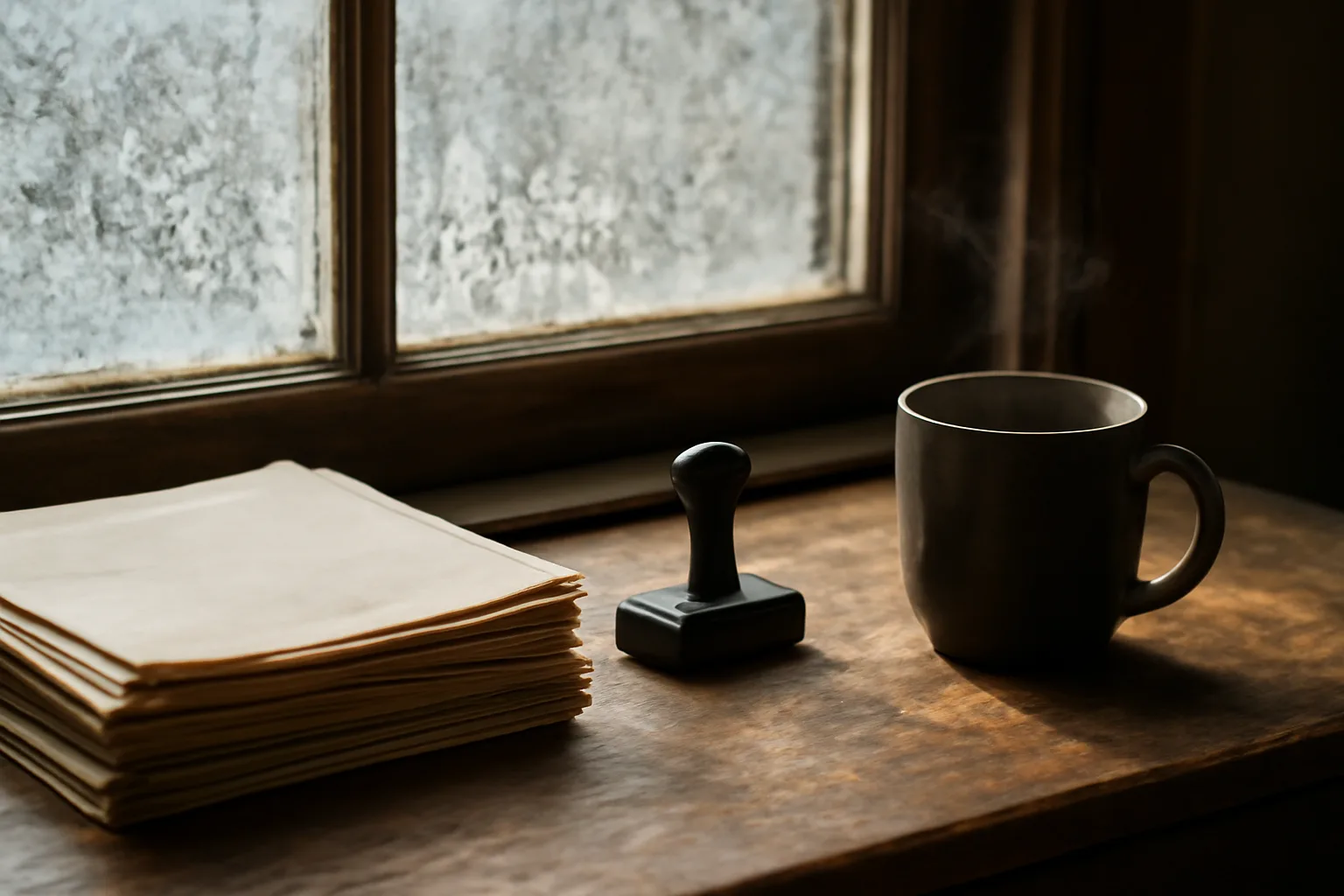 Stack of official documents on a wooden desk in an Alaskan office with frosted window