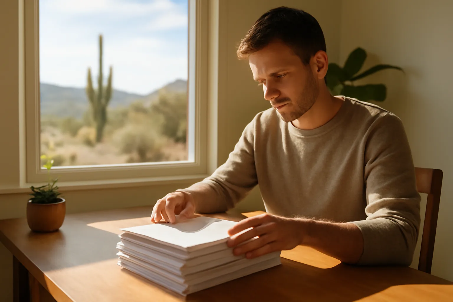 Person organizing apostille documents at a desk in a Phoenix home office