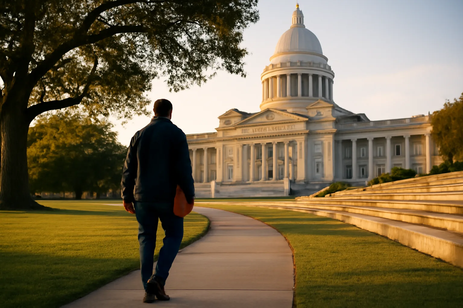 Apostille runner walking toward the Arkansas State Capitol in afternoon light