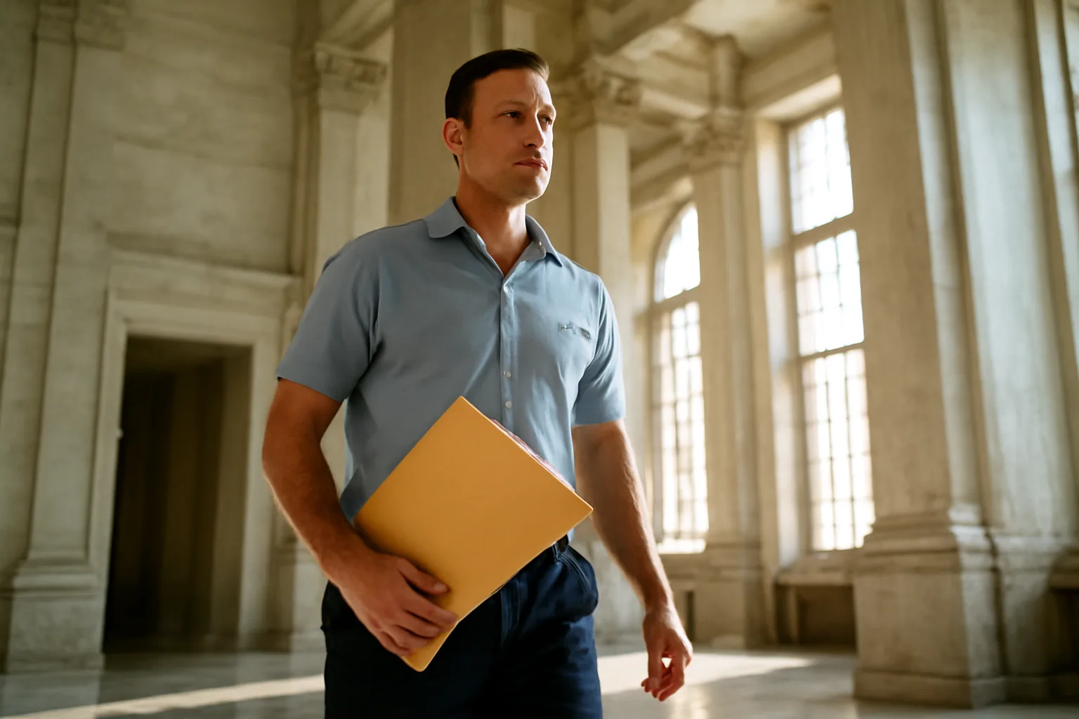 Apostille runner carrying documents through an Alabama government building lobby