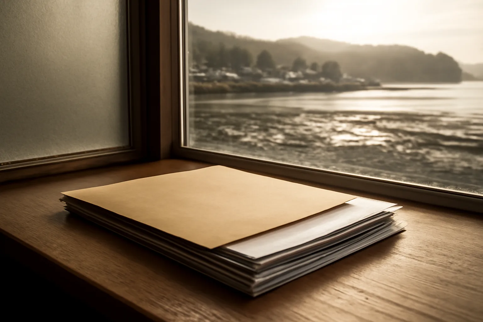 Government documents on a desk with an Alaskan coastal town visible through a frosted window