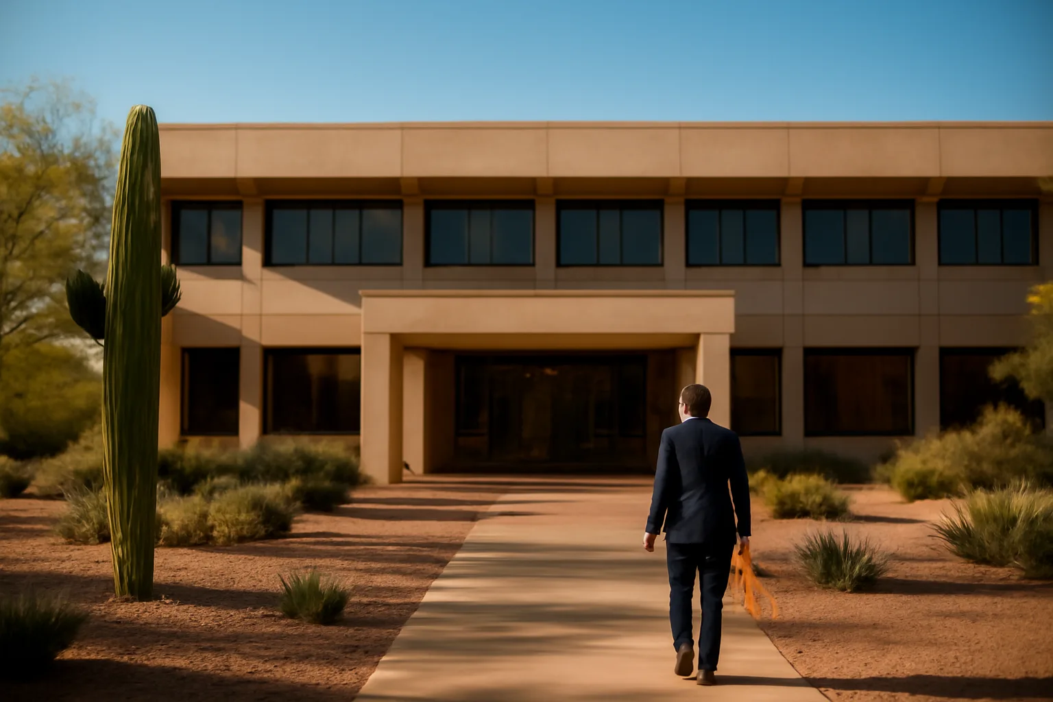 Person walking toward Arizona government office building carrying documents for apostille processing