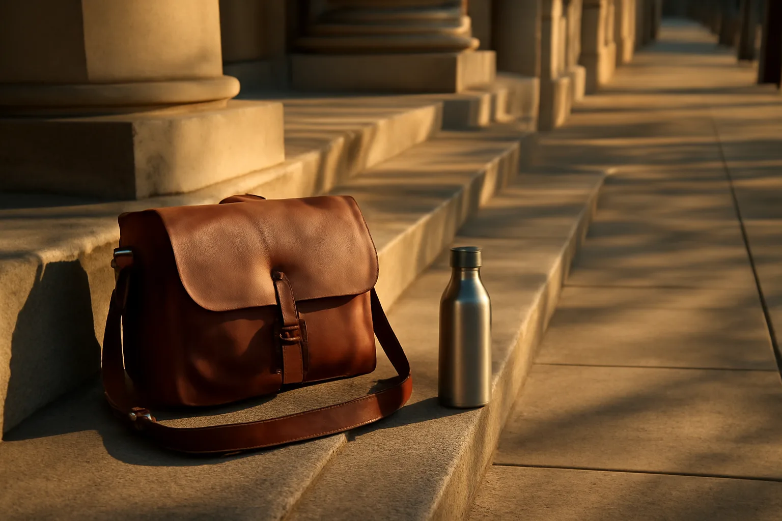 Leather satchel on Sacramento steps for apostille runner work