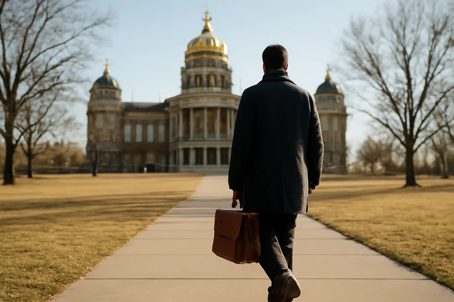 Courier on the Iowa capitol lawn carrying a closed satchel