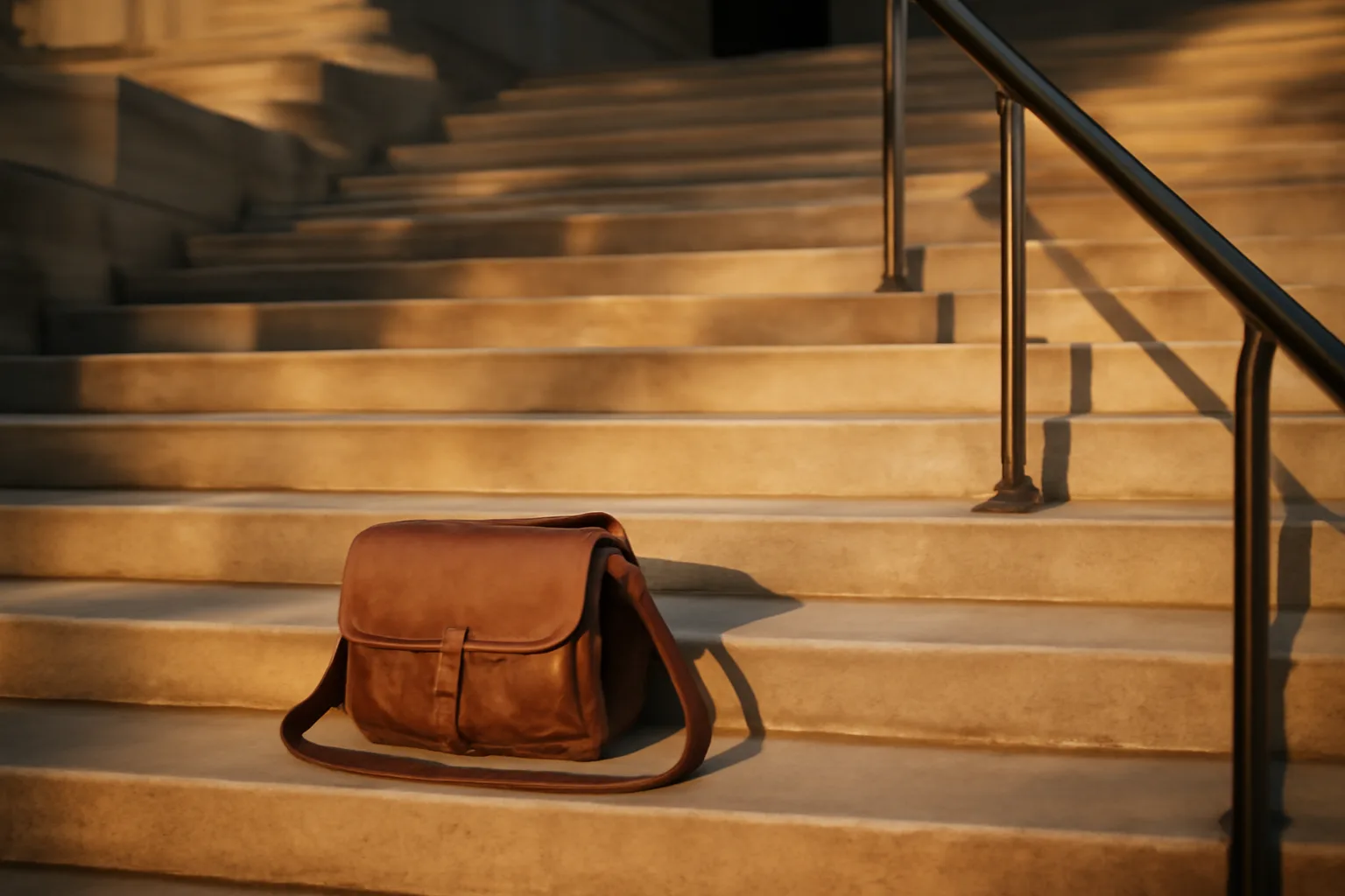 Leather courier bag on Topeka limestone steps for apostille runner work