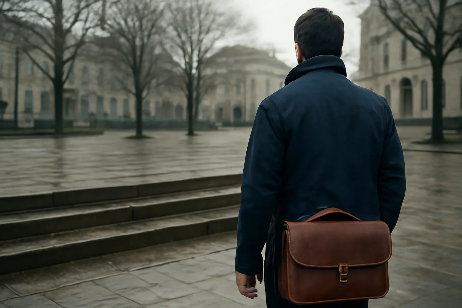 Person with a leather satchel on a Frankfort plaza near apostille offices
