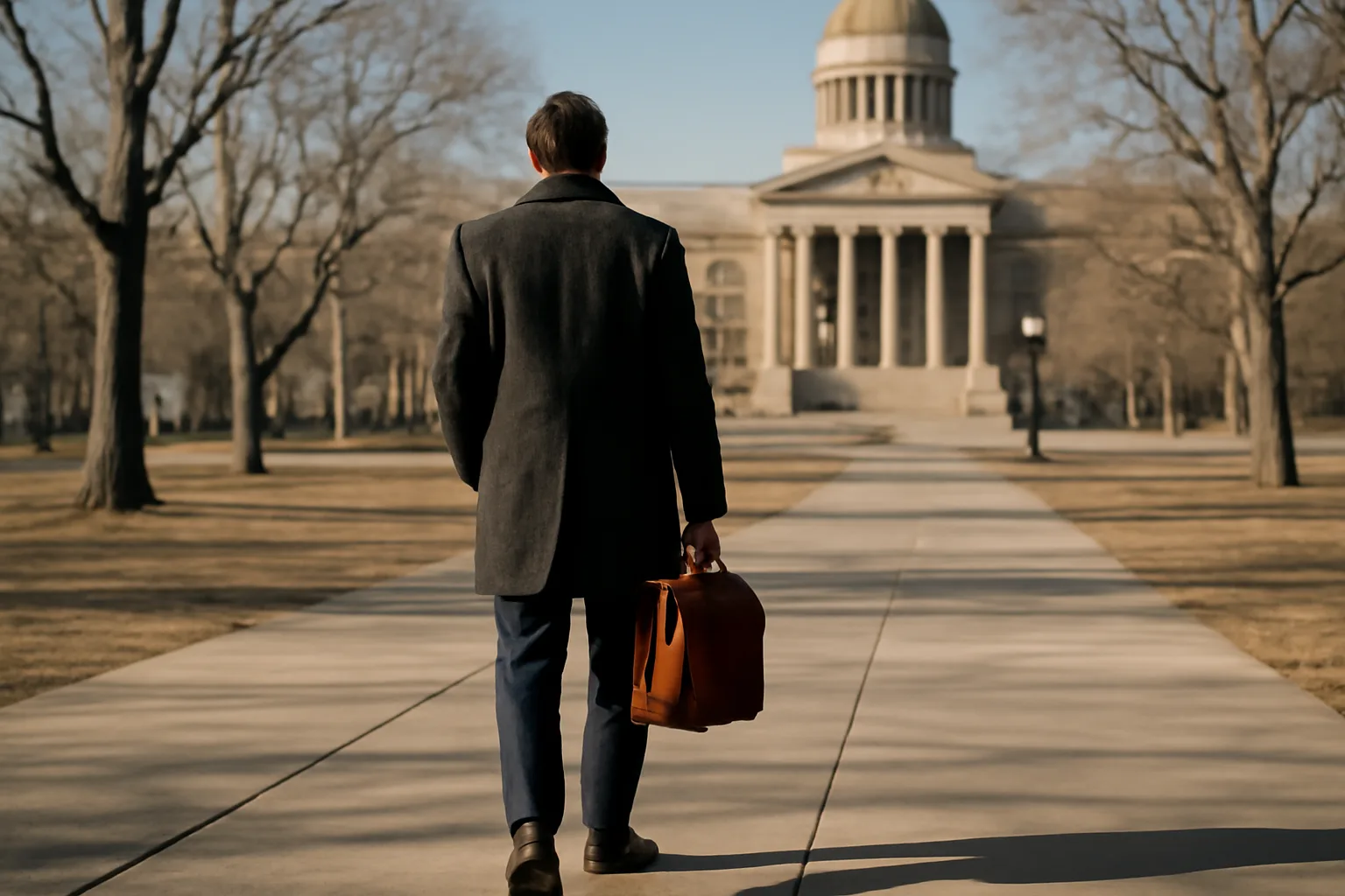 Apostille runner walking a Denver civic park with a closed satchel