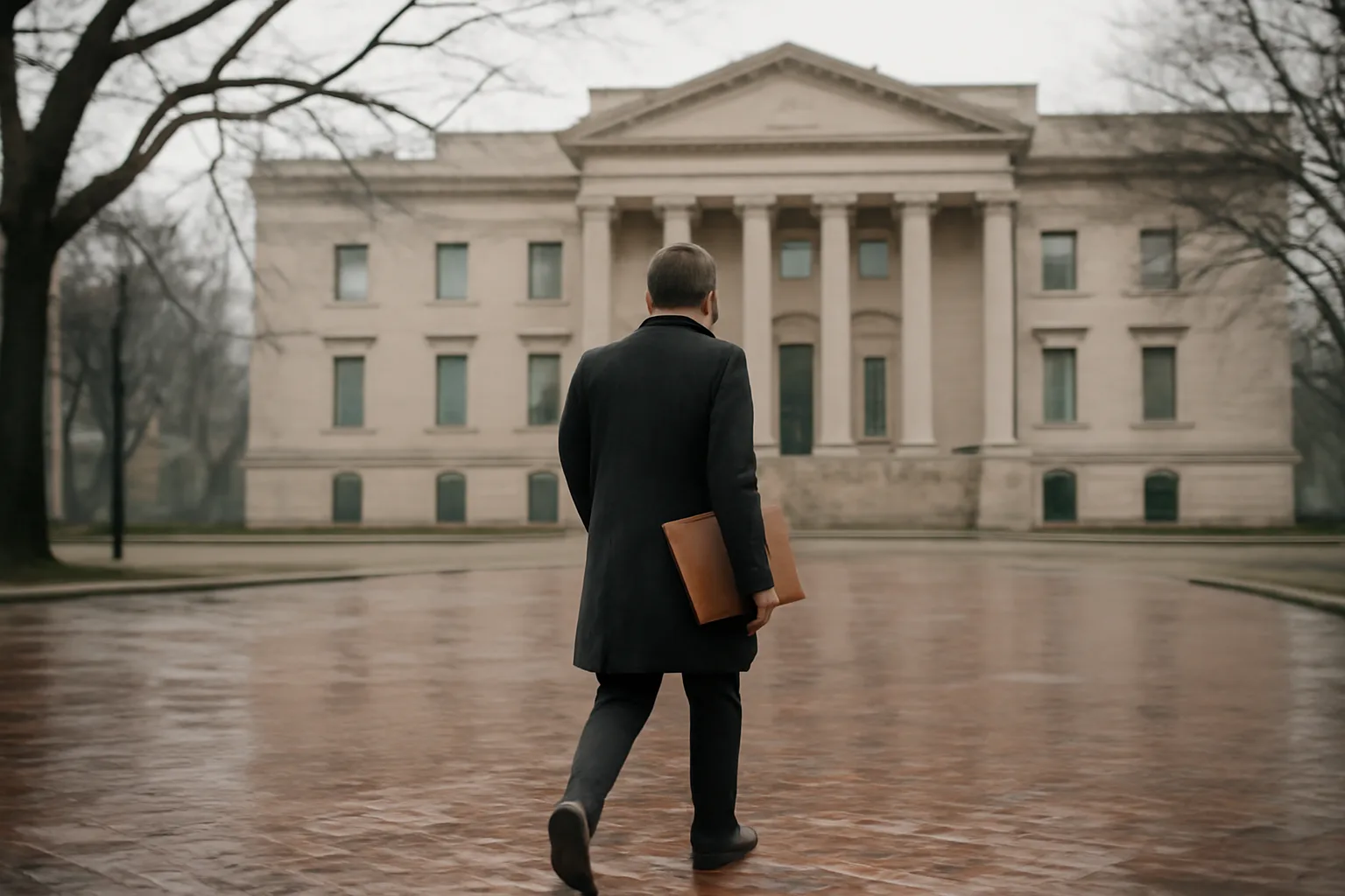 Person carrying a leather folio toward a Hartford building for apostille runner work