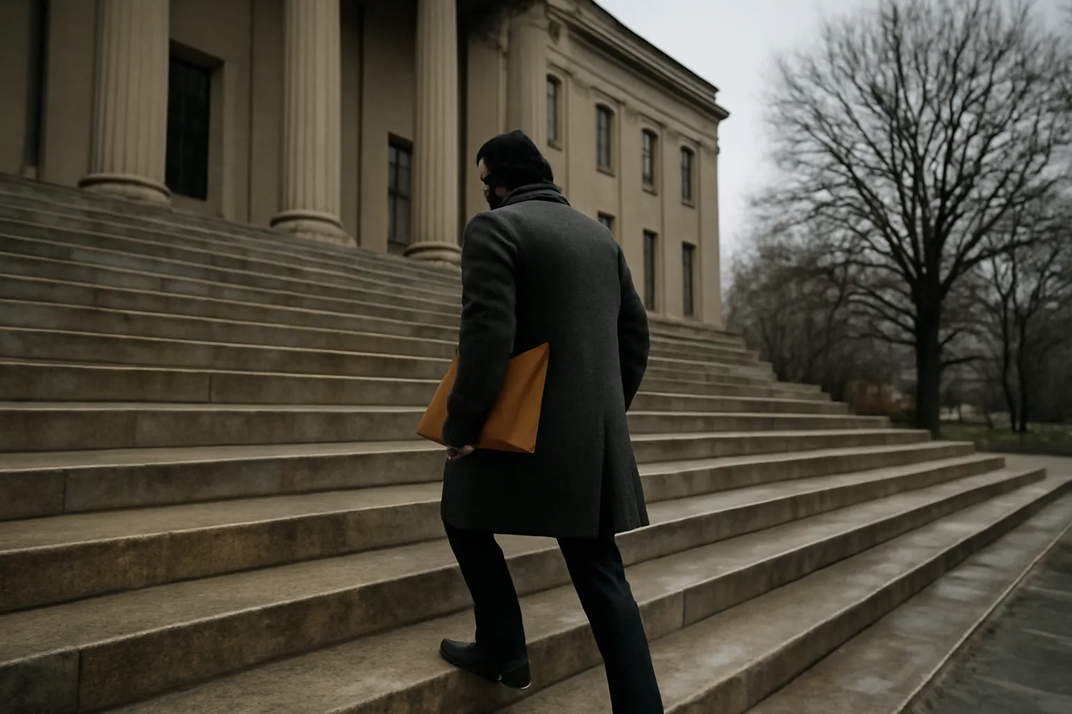 Apostille runner carrying a leather envelope up wet Topeka steps