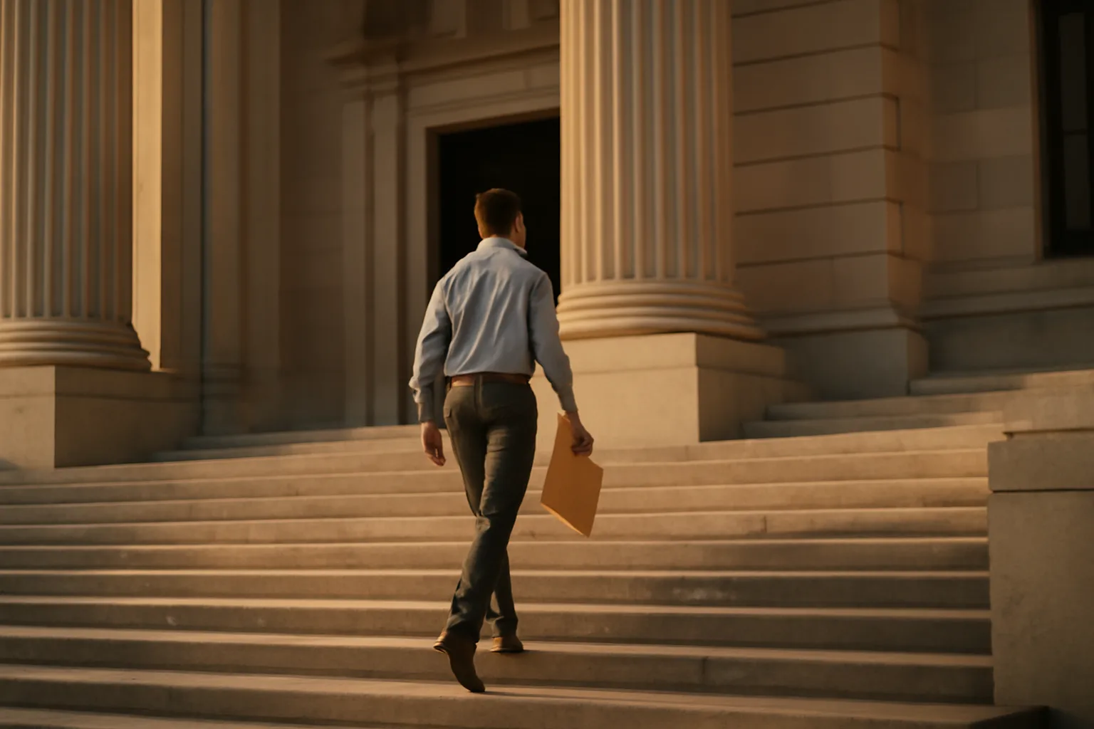 Person carrying document envelope up stone steps of Alabama government building