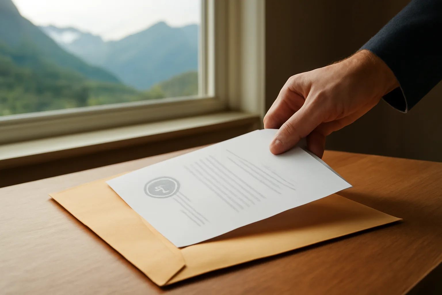 Official document being sealed in envelope on desk with Alaska mountain view