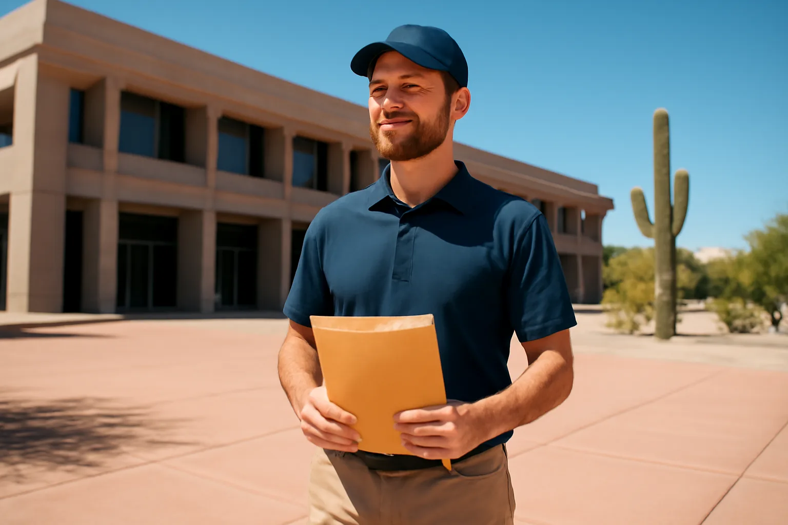 Apostille runner holding an envelope outside a Phoenix government building