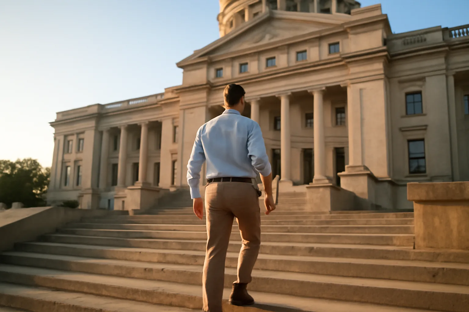 Person carrying documents up government building steps for apostille submission in Arkansas