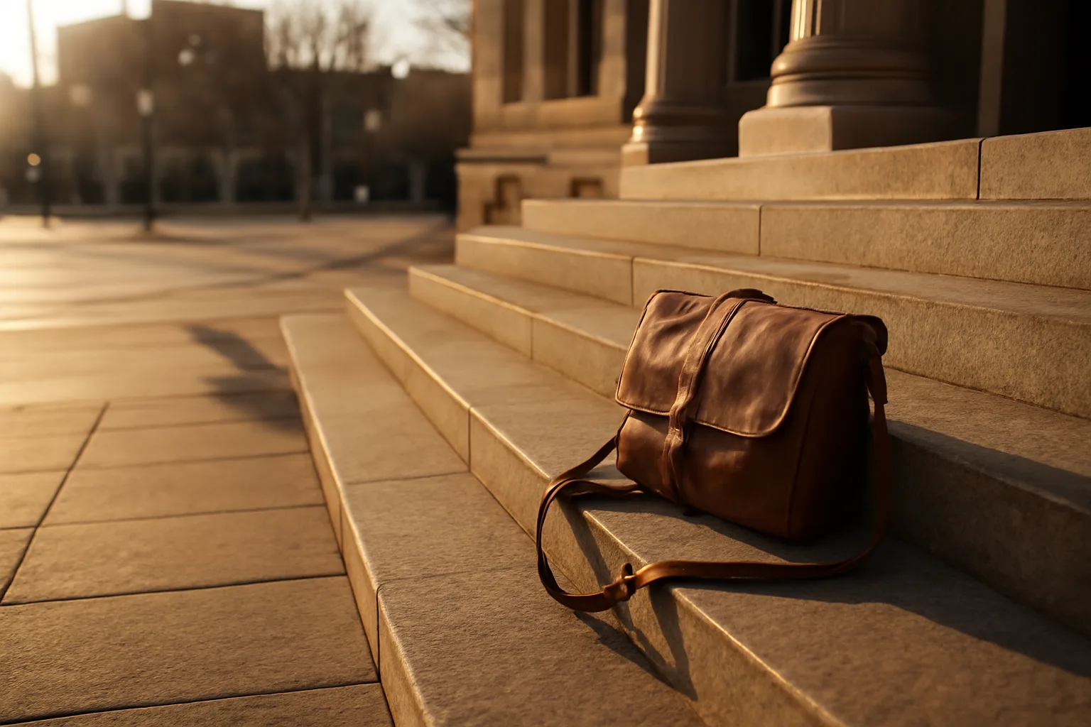 Leather courier bag on Denver granite steps for apostille runner work