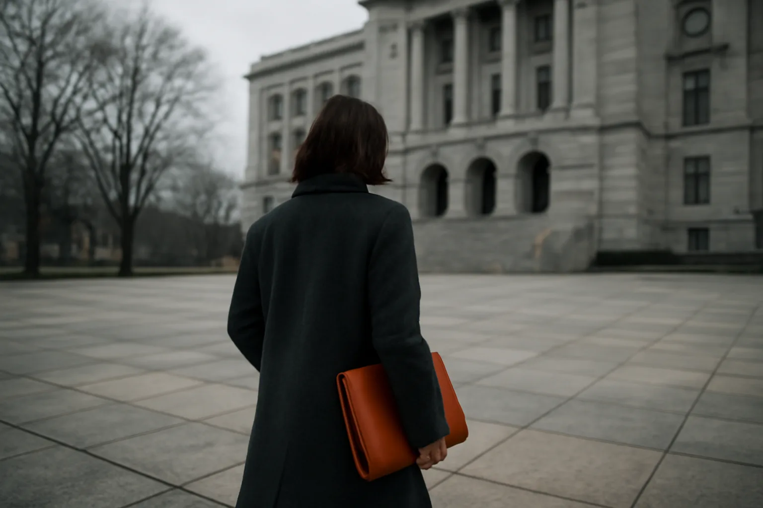 Person carrying a closed pouch toward Hartford offices for apostille work