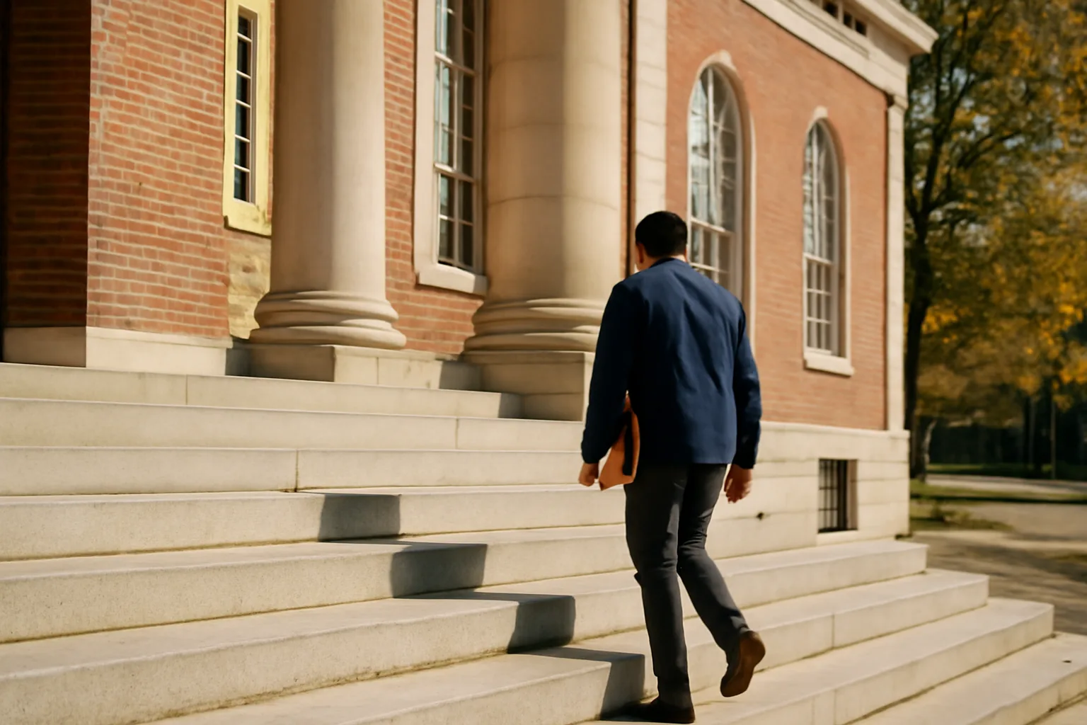 Person with a portfolio approaching a Dover building for apostille runner work