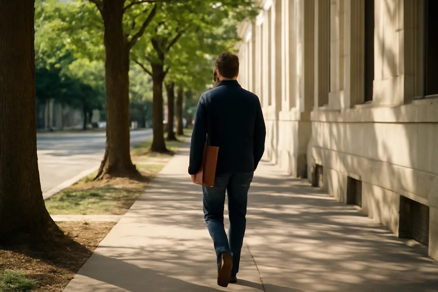 Person walking in Atlanta toward civic buildings for apostille runner work