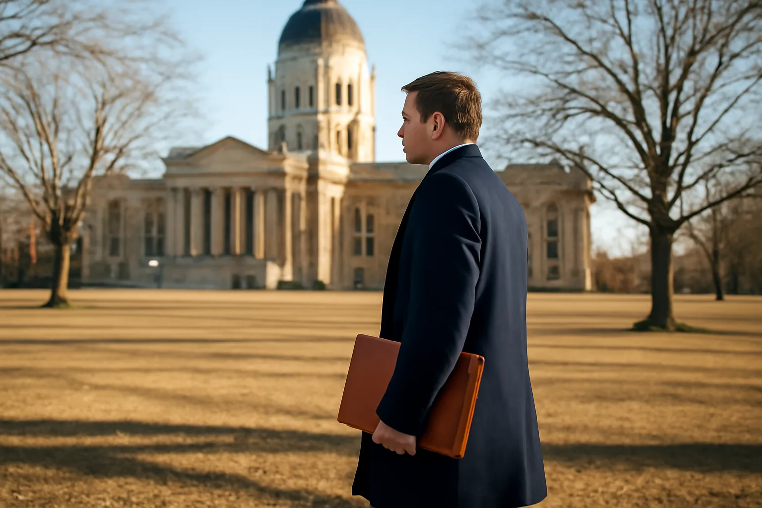 Person carrying a closed portfolio toward Topeka stone for Kansas apostille work