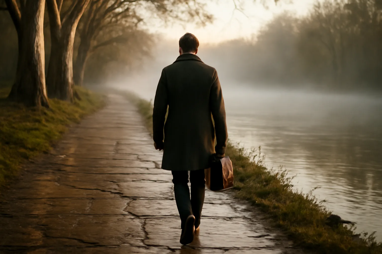 Apostille runner walking a foggy Frankfort river path at dawn
