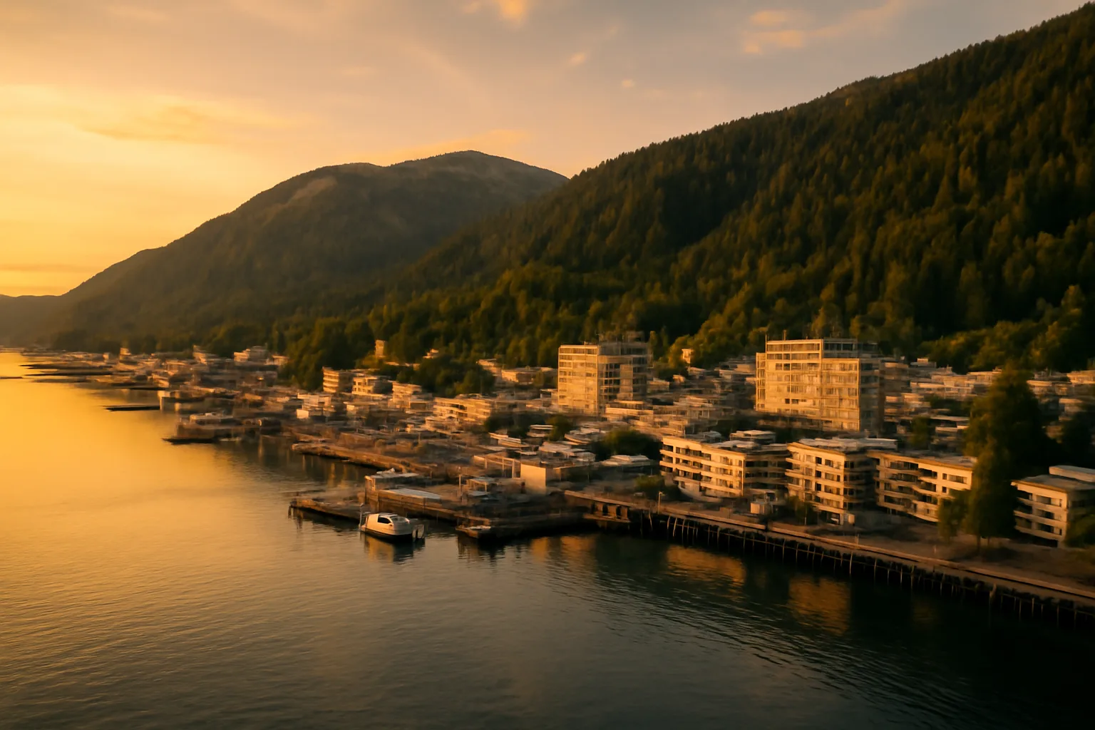 Juneau Alaska harbor at golden hour with government buildings and forested hillsides