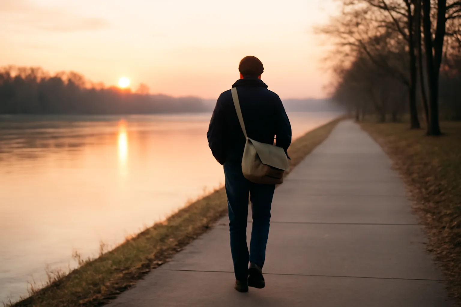 Apostille runner walking a Little Rock river path at sunrise