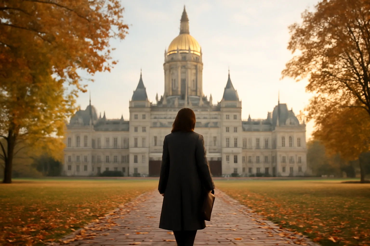 Person carrying a closed folio near the Hartford capitol for apostille work