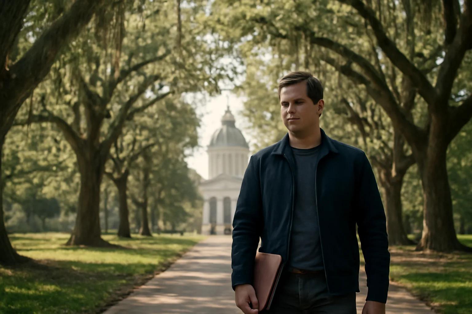 Courier walking toward Tallahassee capitol on an apostille runner errand