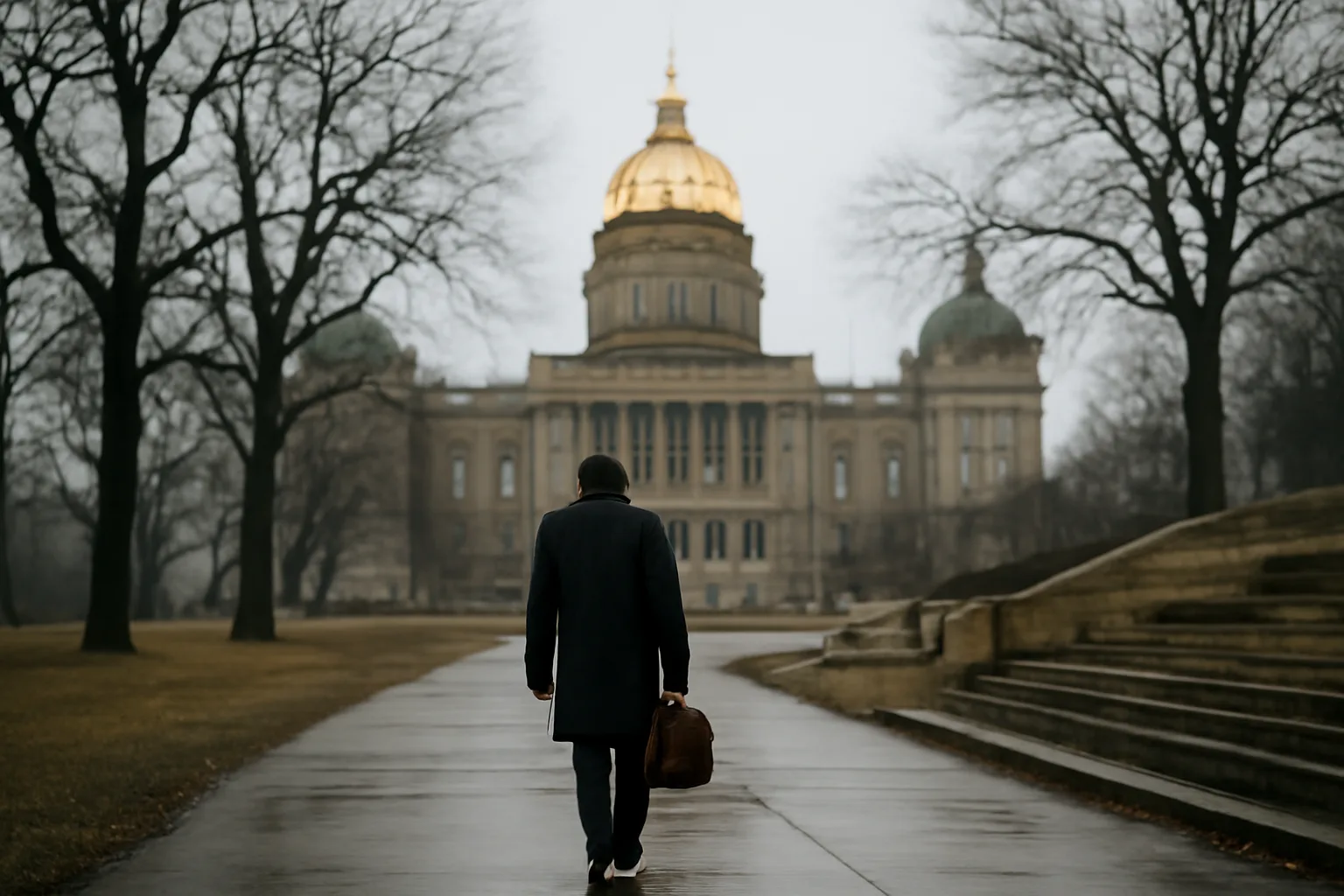 Runner walking a satchel toward the Iowa capitol on a wet morning