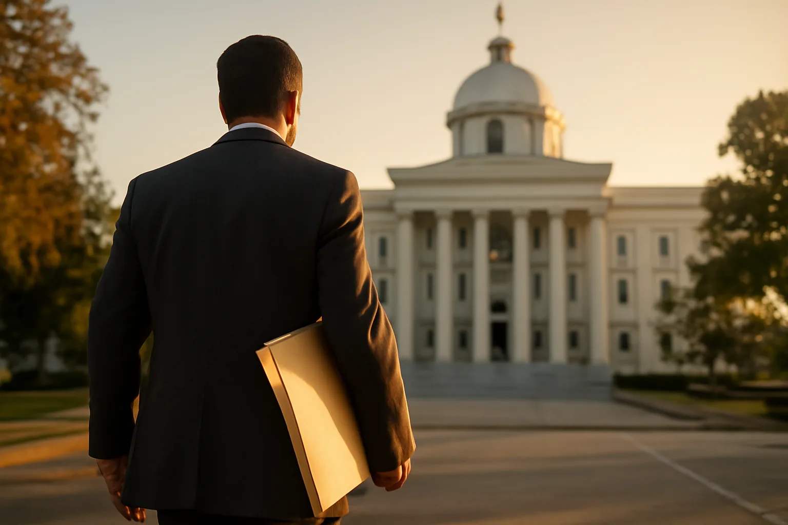 Person carrying official documents toward a government building in Alabama morning light
