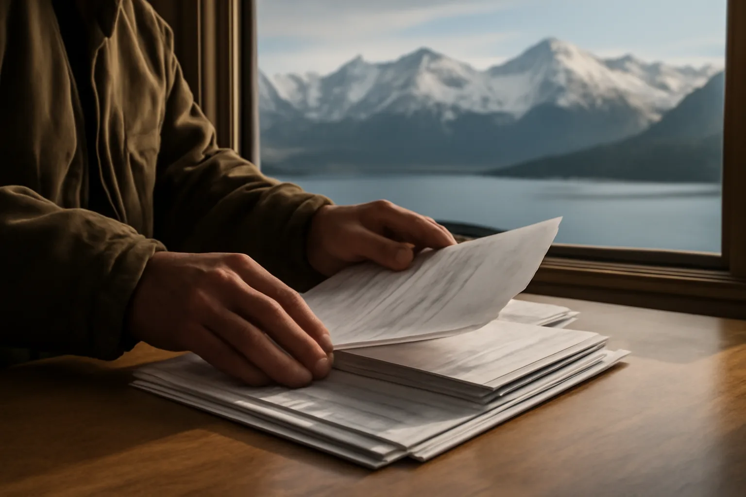 Hands organizing official documents on a desk with Alaska mountain coastline visible through window