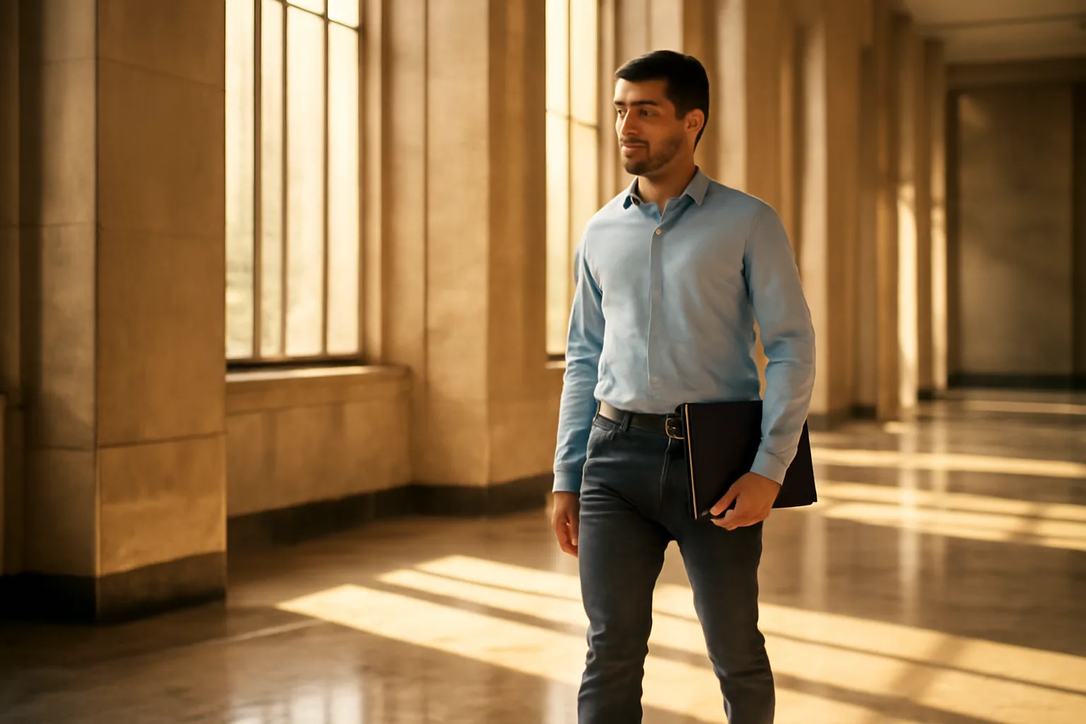 Person carrying document portfolio inside a Phoenix government building for apostille service