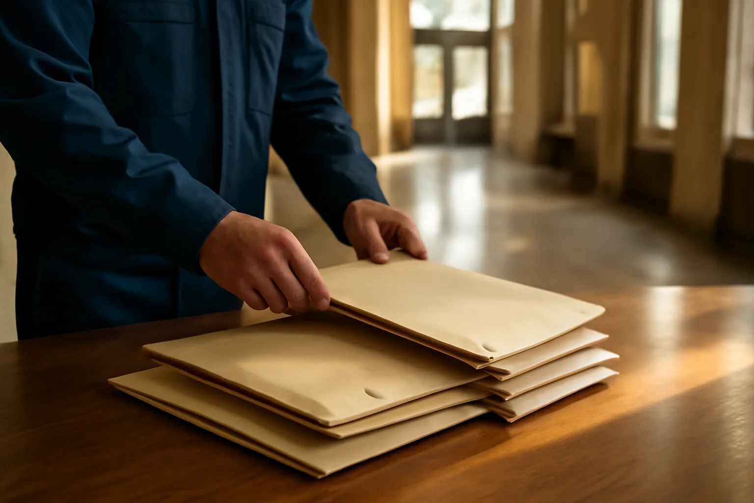 Courier organizing sealed official envelopes on a desk inside an Arkansas government building