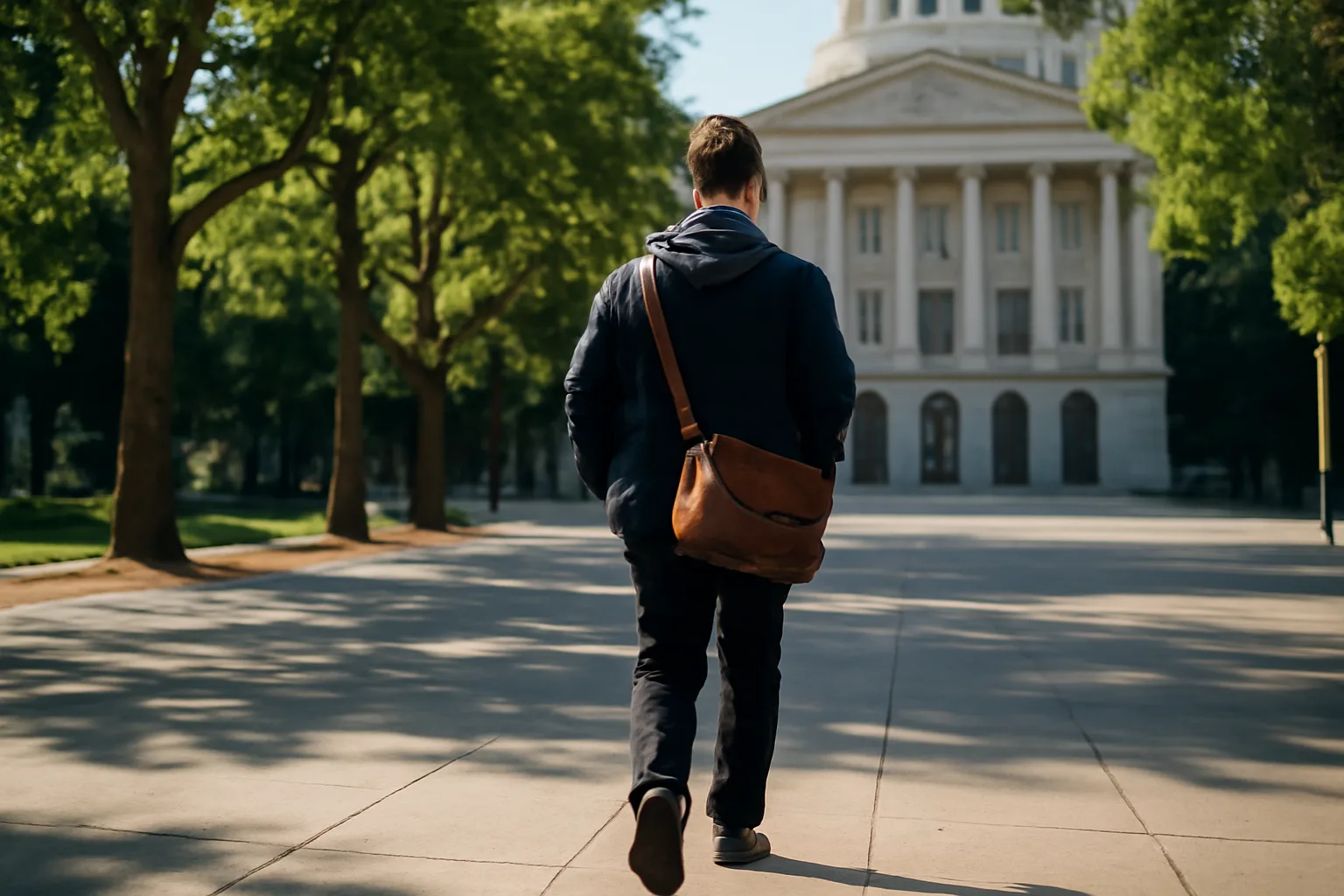 Courier walking a Sacramento plaza on an apostille runner trip