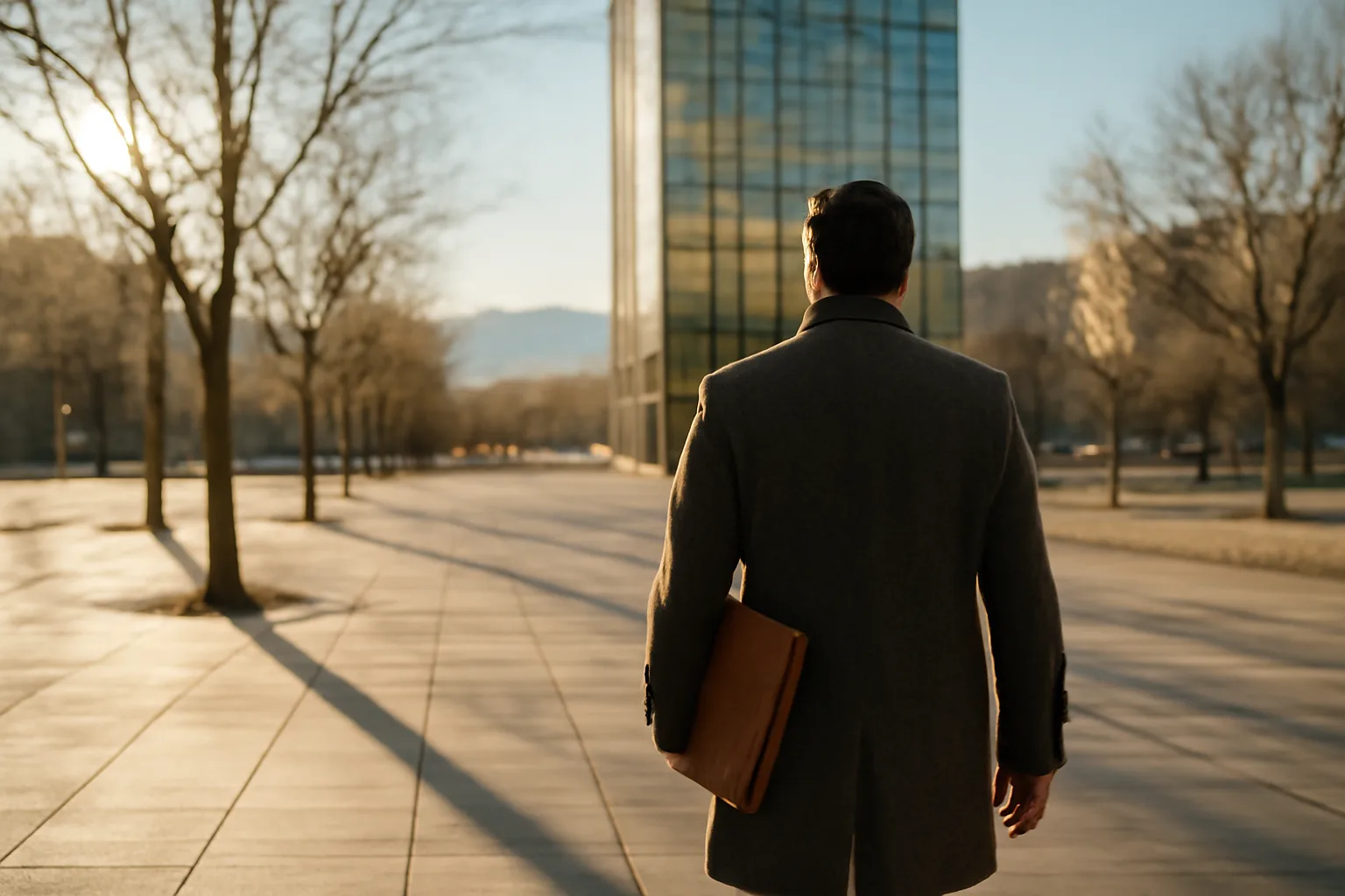Apostille runner crossing a Denver plaza with a closed folio