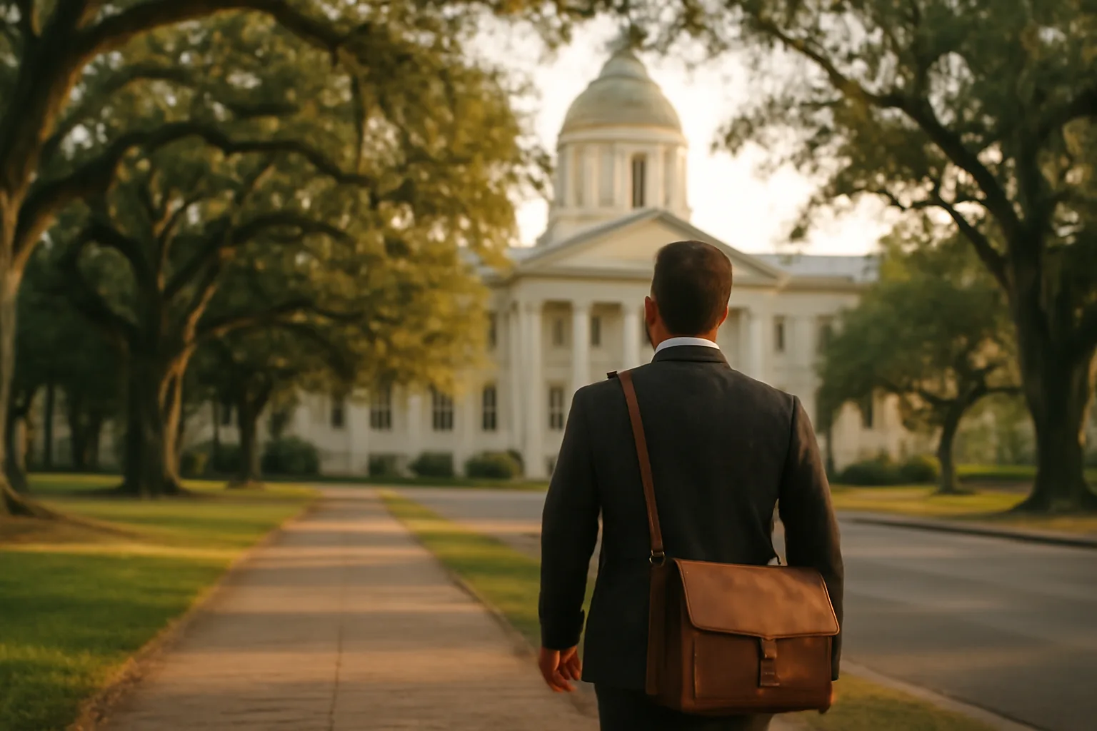 Florida apostille runner walking toward a Tallahassee office with a satchel