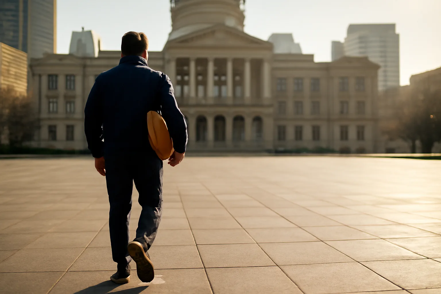 Courier walking a sunlit Atlanta plaza toward a government building
