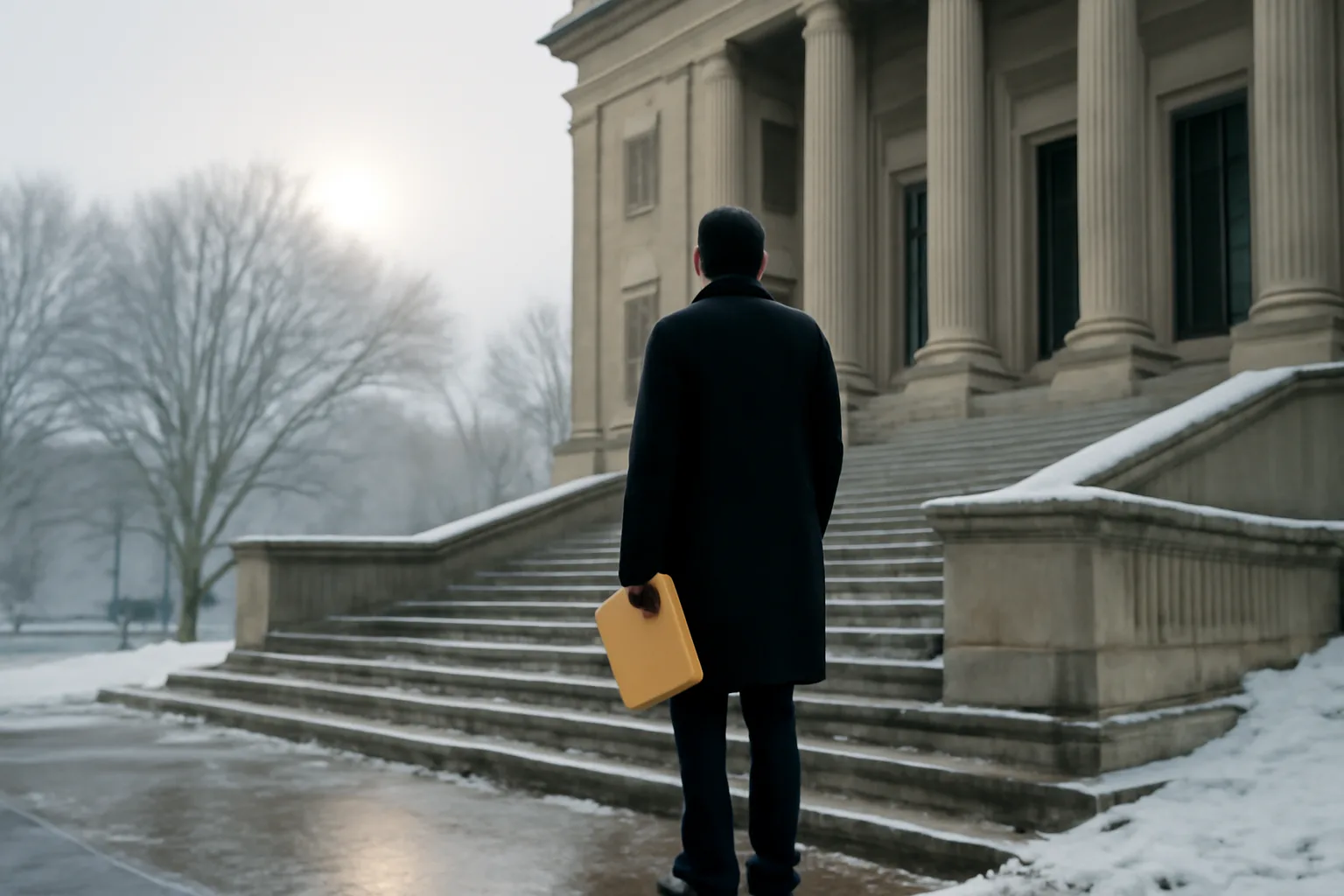 Person with an envelope on Frankfort steps for a Kentucky apostille run